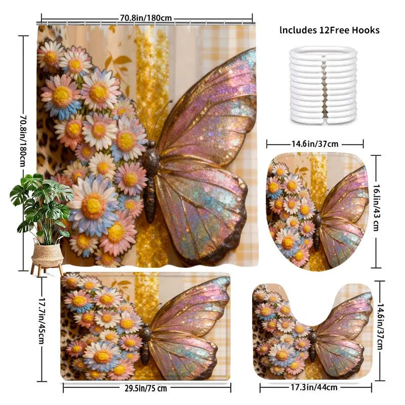 2D Flat, 4pcs Floral and Butterfly 2D Bathroom Set, High-quality Bathroom Decorations and Accessories Including a Non-slip Bath Mat, U-shaped Floor Mat, Toilet Seat, and Shower Curtain with 12 Hooks.