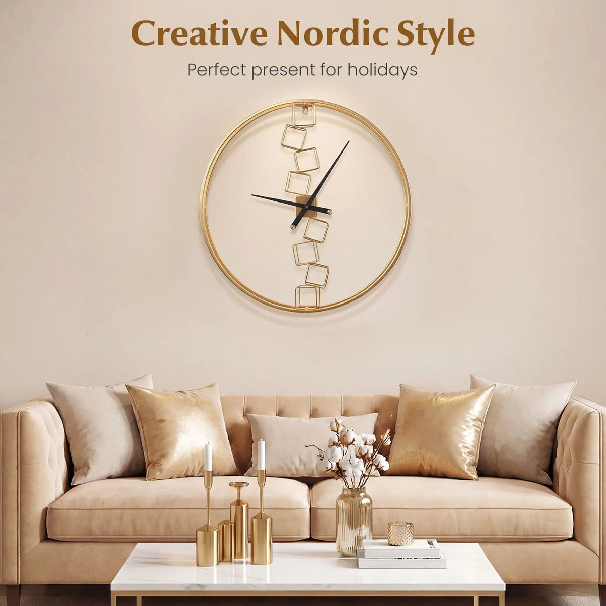 HOMASIS Nordic Style Metal Wall Clock Silent Modern Timepiece
