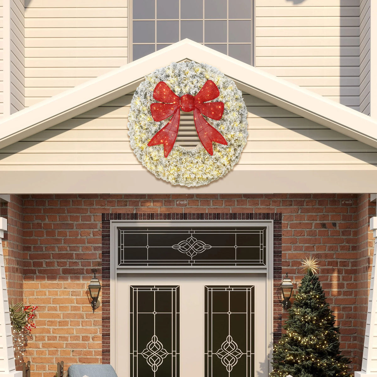 Homcom 48in Flocked Pre-Lit Artificial Christmas Wreath with 3D Red Bow
