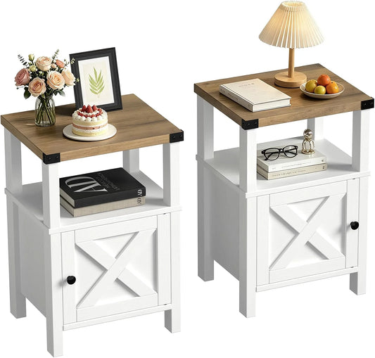 24.8"Farmhouse Nightstand Set 2, Wood Bedside Table with Barn Door Storage for Bedroom Living Room, White/Beige