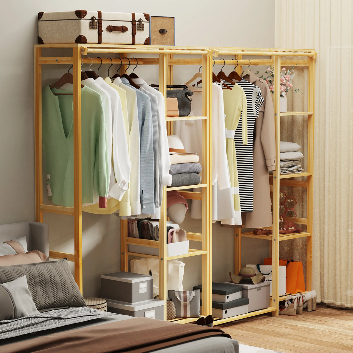 6 Tier Bamboo Garment Rack with Hanging Cover and Storage Shelves