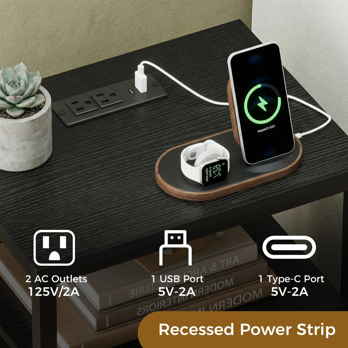 JHK Fabric Nightstand With USB Charging And Open Shelf