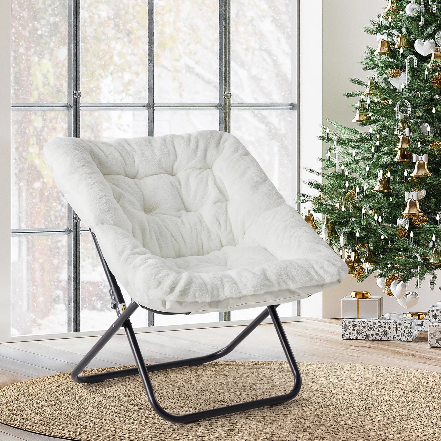 JHK Folding Saucer Lounge Chair With Padded Faux Fur Seat