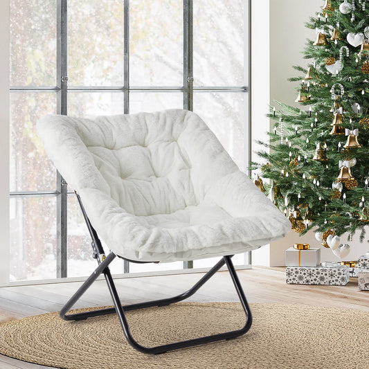 JHK Folding Saucer Lounge Chair With Padded Faux Fur Seat