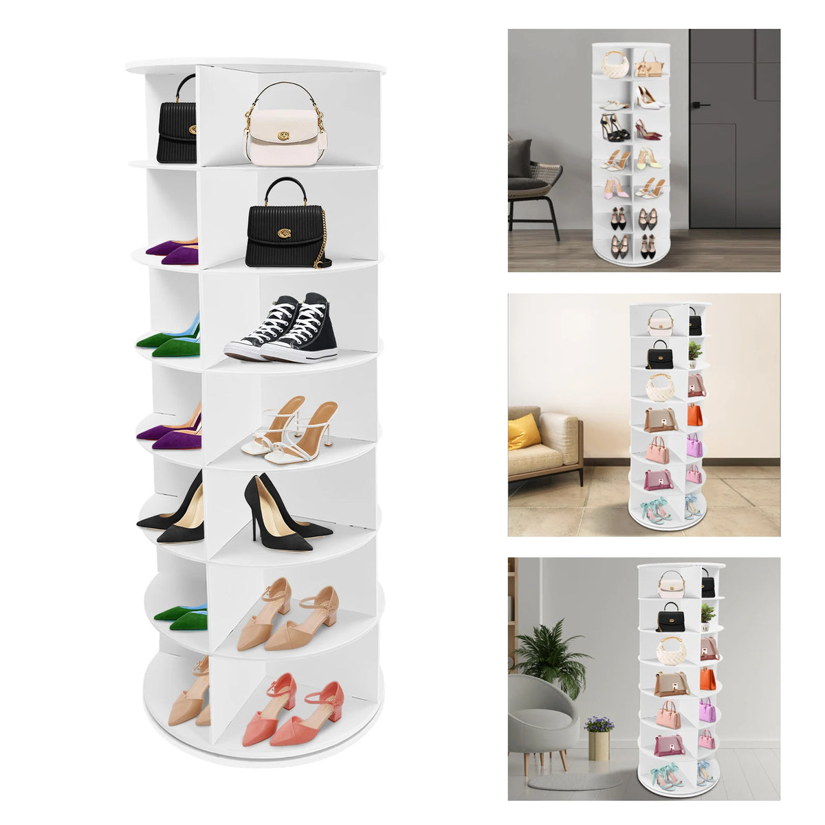 6/7 Tier 360° Rotating Shoe Rack Organizer Multifunctional PVC Sheet Shoe Rack Home Space Saving Corner Tower for Hats Bags Books Holds 24/28 Pairs of Shoes