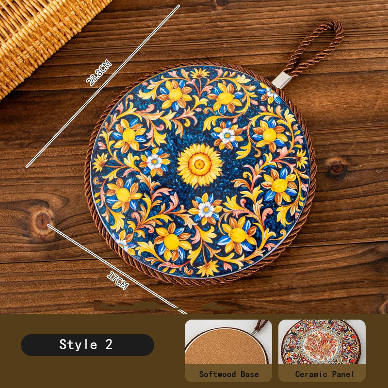 HeMu Bohemian Style Ceramic Pot Holders,Mandala Pattern Heat Resistant Trivets,Hanging Kitchen Coasters with Rope for Hot Dishes