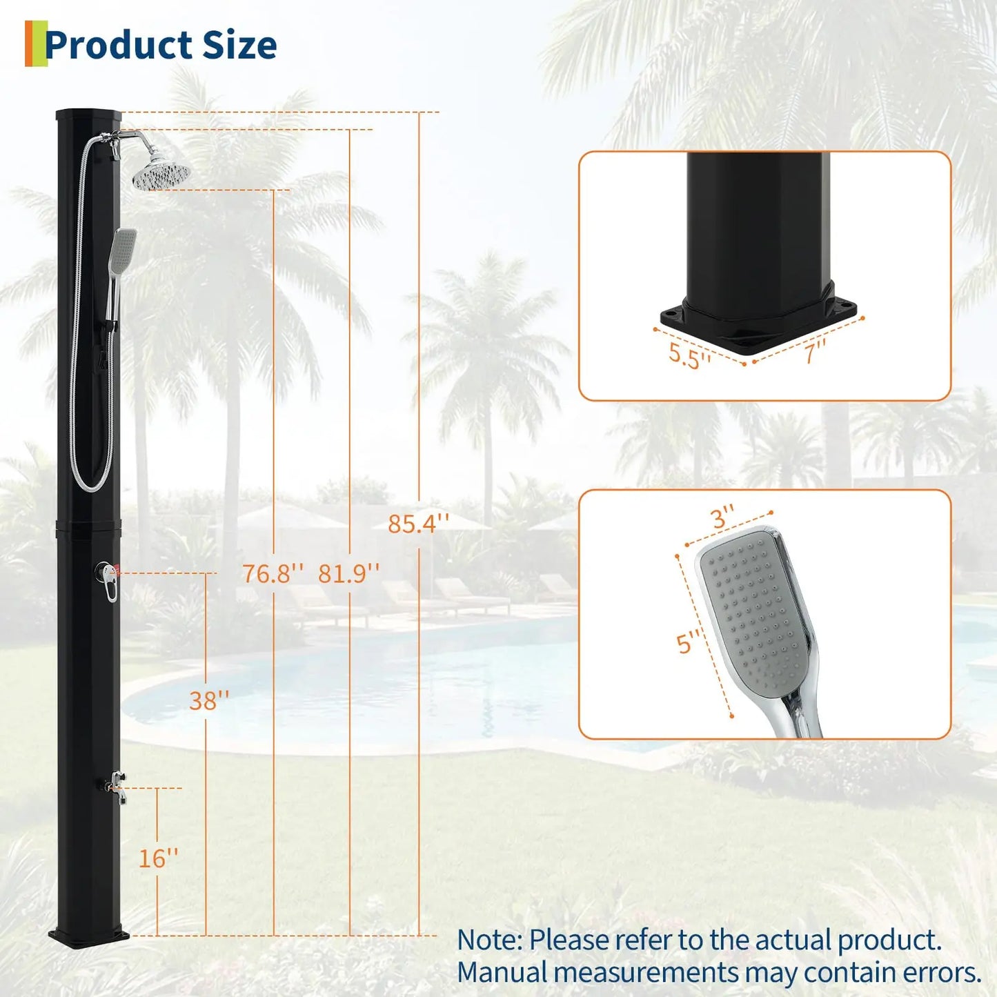 7.2FT Freestanding Solar Heated Pool Shower 9.3 Gallon Outdoor Shower Kit With Handheld Foot Faucet Hot Cold Water & Cover
