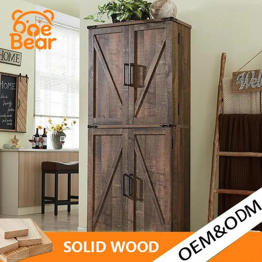Tall Farmhouse Kitchen Pantry Cabinet, Barn Style Door with Adjustable Shelves, Freestanding Storage Cupboard for Dining Room