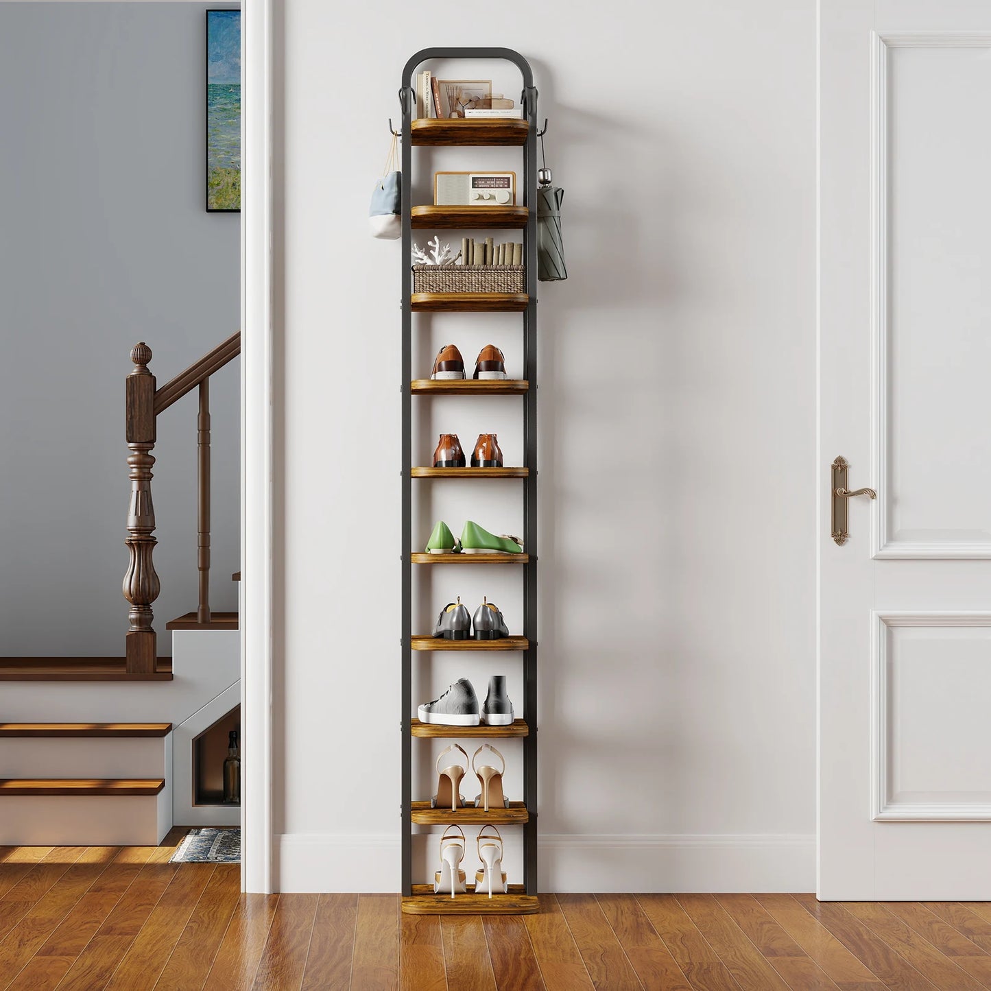 NEW 10 Tiers Vertical Shoe Rack Adjustable Shoe Shelf Storage Organizer Corner Shoe Rack 2 Hooks for Entryway Hallway Bedroom