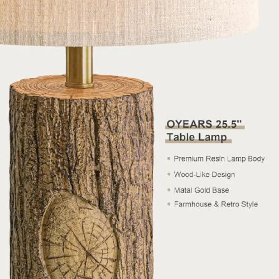 25.5'' Rustic Farmhouse Table Lamps Bark Lamps with Gold Base Bedside Lamps Set of 2 with A+C Charging Ports Retro Nightstand L