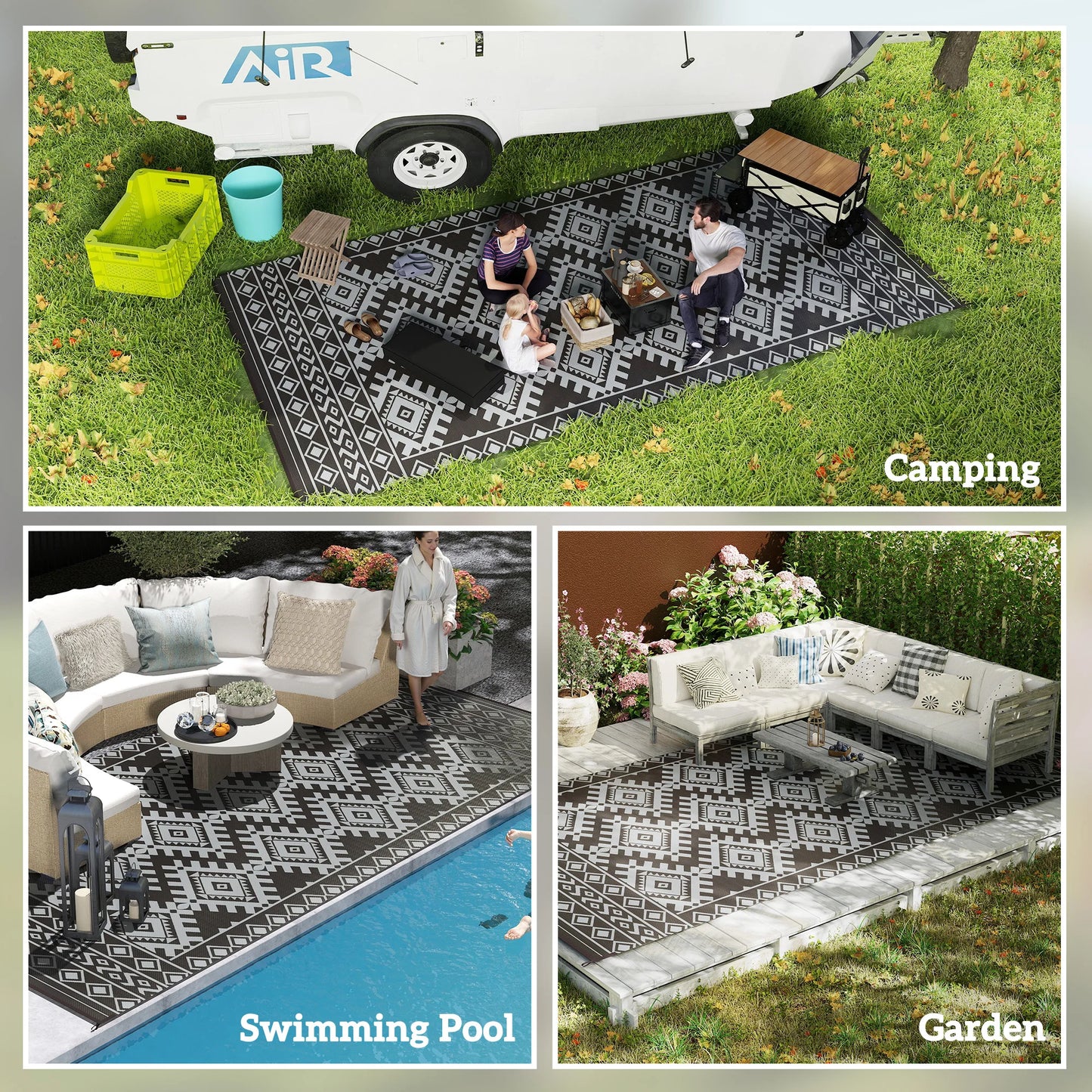 Outdoor Rug, 9' x 18' Floor Mat, Black Gray Rhombus Border