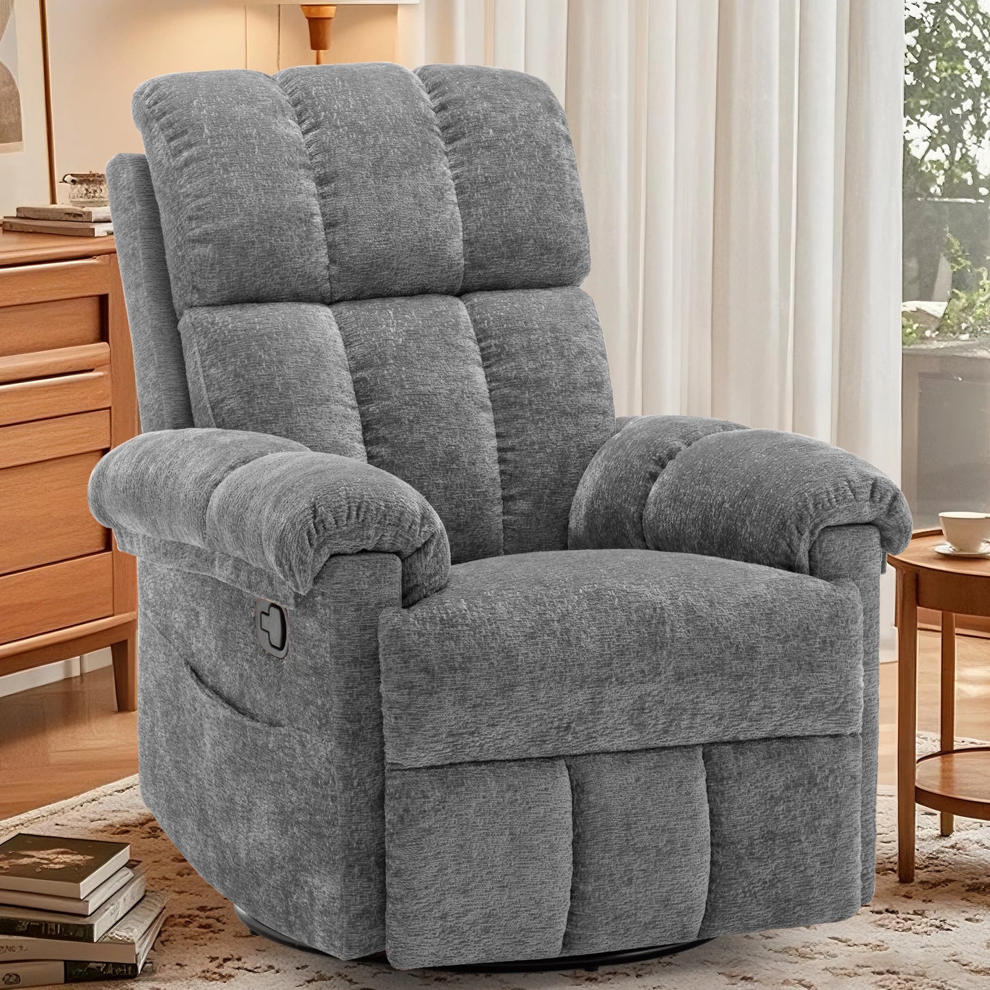 KORSER Chenille Swivel Rocker Recliner Chair With Side Pockets