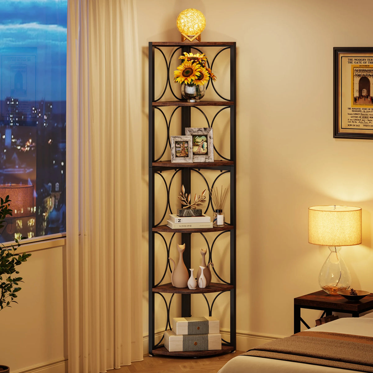 Tribesigns 6 Tier Tall Corner Shelf, 61 inch Rustic Corner Bookshelf Storage Rack Standing Shelving Unit