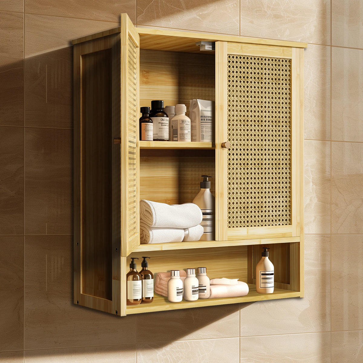 Wooden Storage Cupboard Wall Mounted Medicine Cabinet Unit Kitchen Shelf with Wooden Storage Cupboard with 2 Rattan Doors