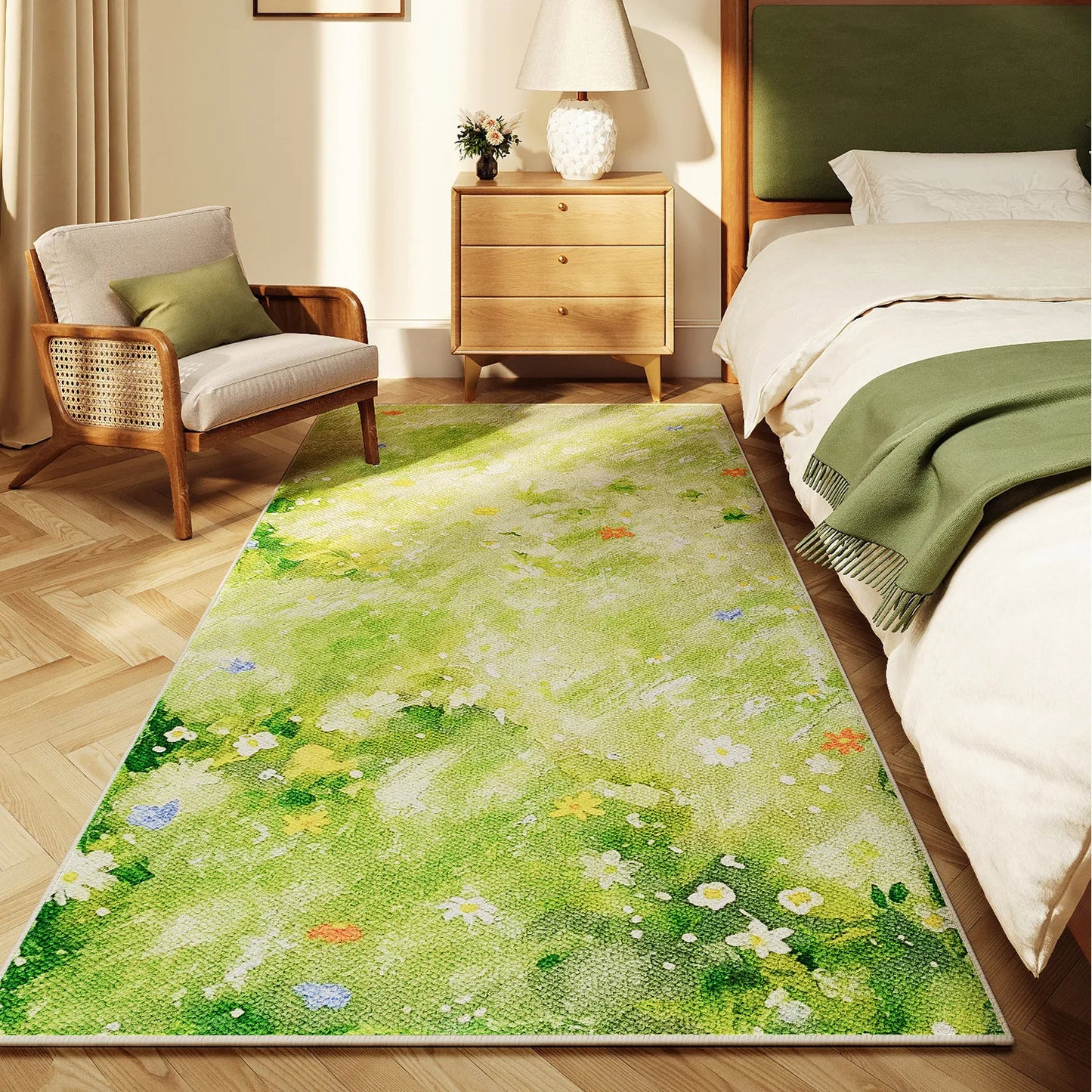 Pastoral Style Carpets for Living Room Flowers Bedroom Decor Carpet Fluffy Soft Green Bedside Plush Rug Home Anti-slip Floor Mat