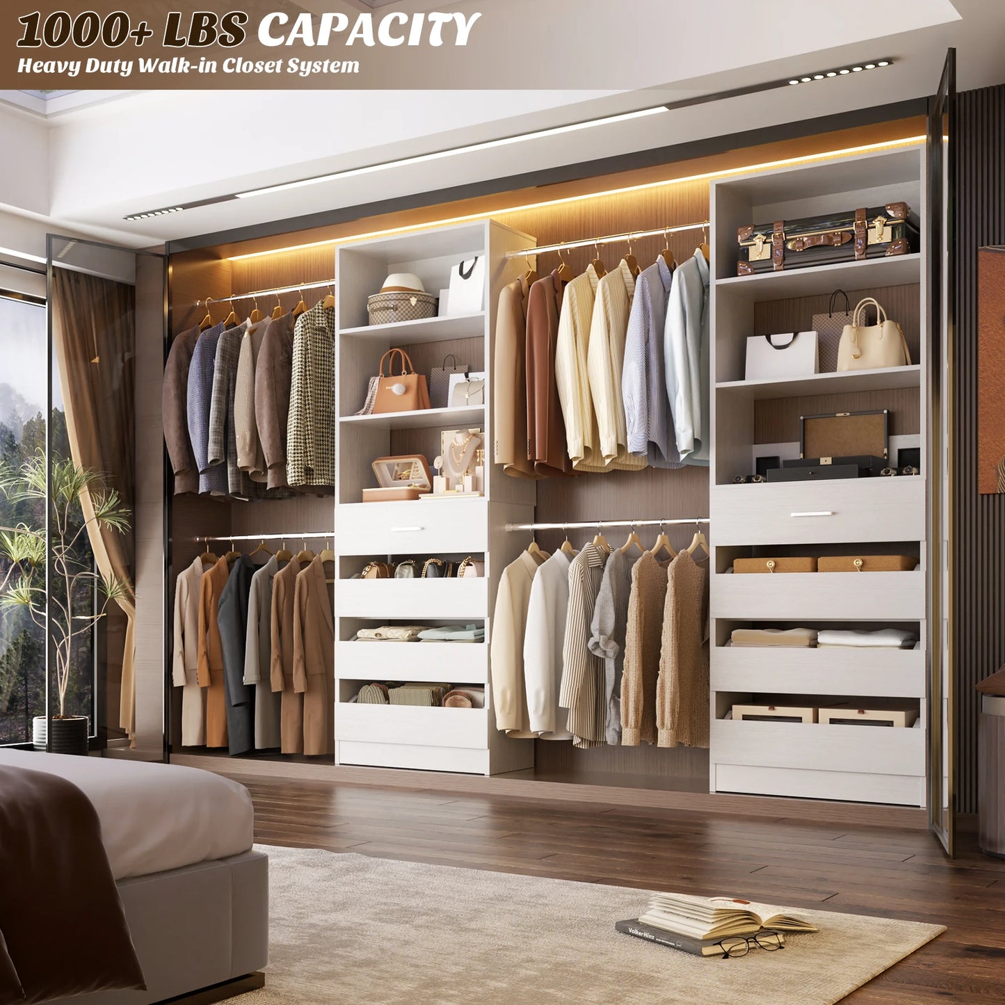 Aheaplus Wooden Closet System With Four Drawers Four Hanging Rods