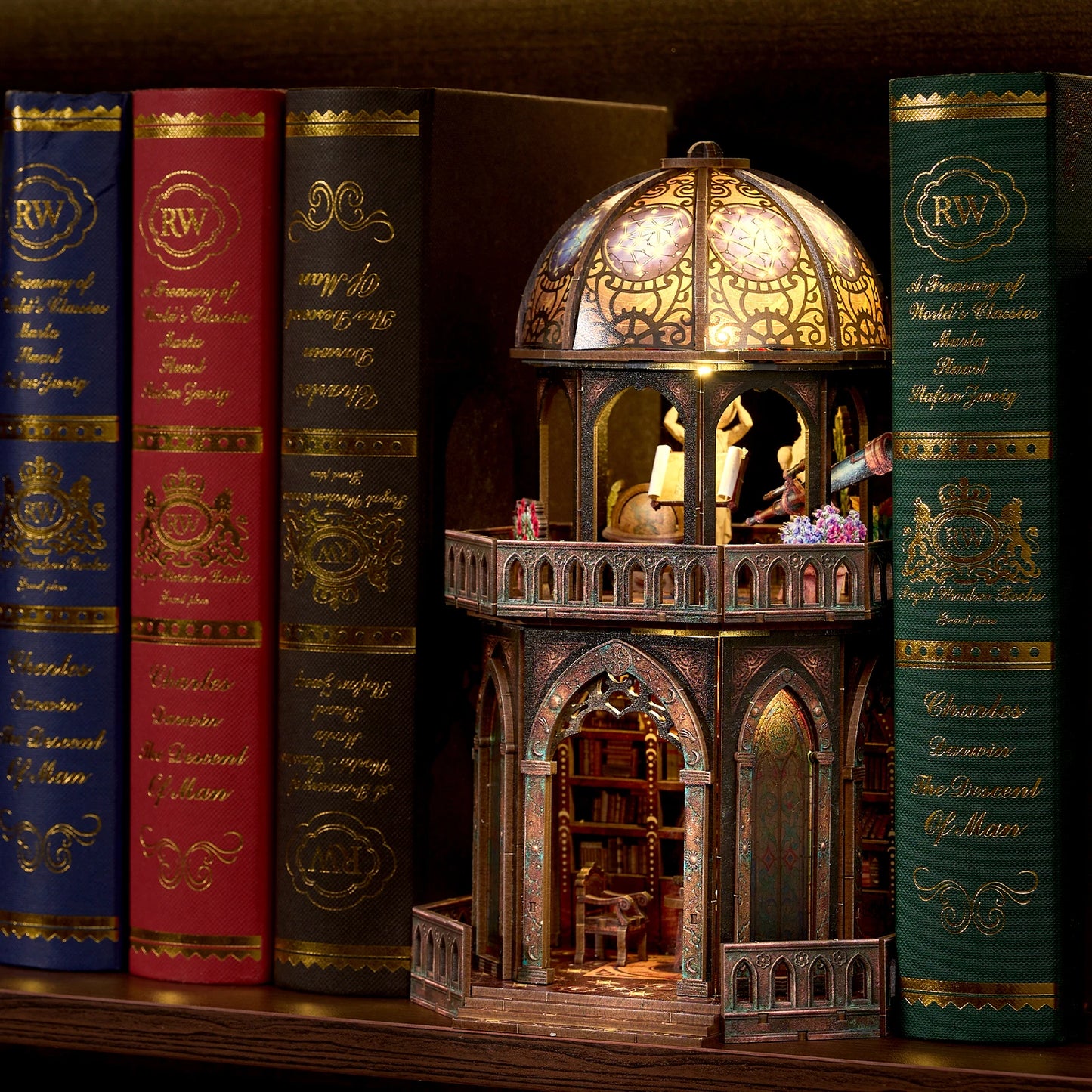 DIY 3D Wooden Puzzle Book Nook Kit Observatory Bookshelf Insert Dollhouse Model Bookend Home Decoration Building Gifts for Adults