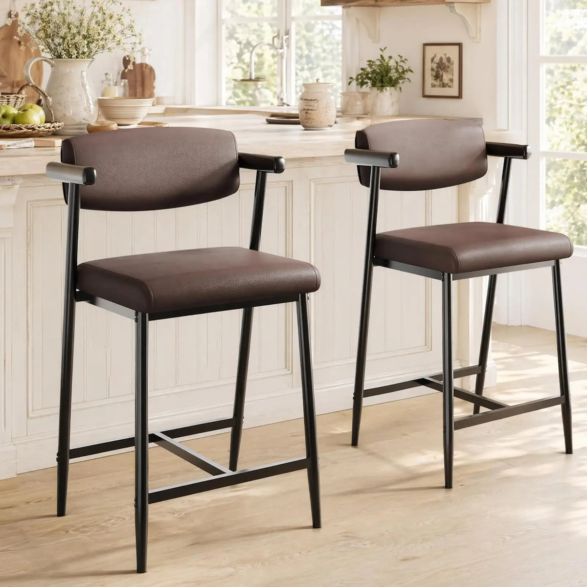 HiMISS Upholstered Metal Dining Bar Stools With Arms And Footrests