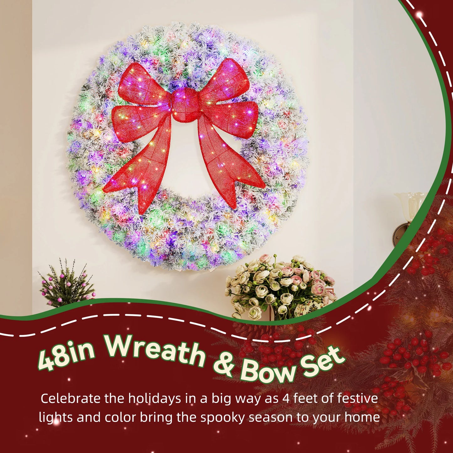 Homcom 48in Flocked Pre-Lit Artificial Christmas Wreath with 3D Red Bow