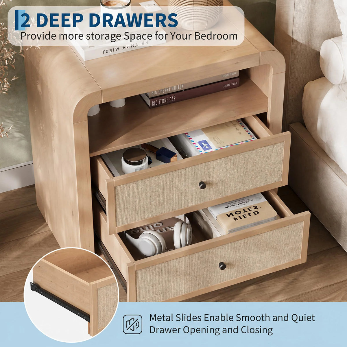 23" Wide Nightstand With Charging Station, 2 AC Outlets 2 USB Ports, 2 Drawer Narrow Bedside Table For Bedroom Living Room Entryway