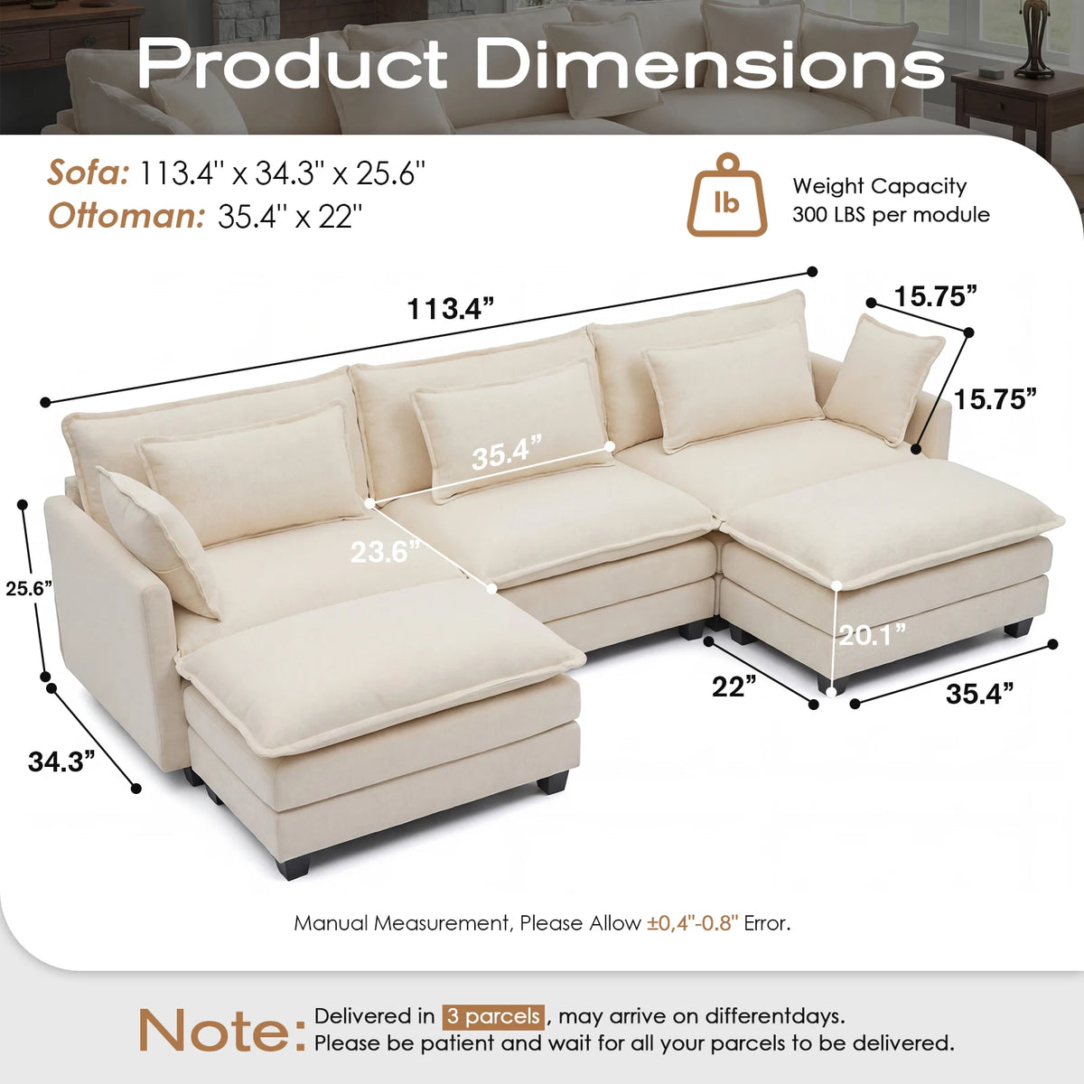 Redlife 113.4" Modular Sectional Sofa with Ottoman, Comfy Cloud Couch with Deep Seat (23.6" D), Solid Wood Frame,for Living Room