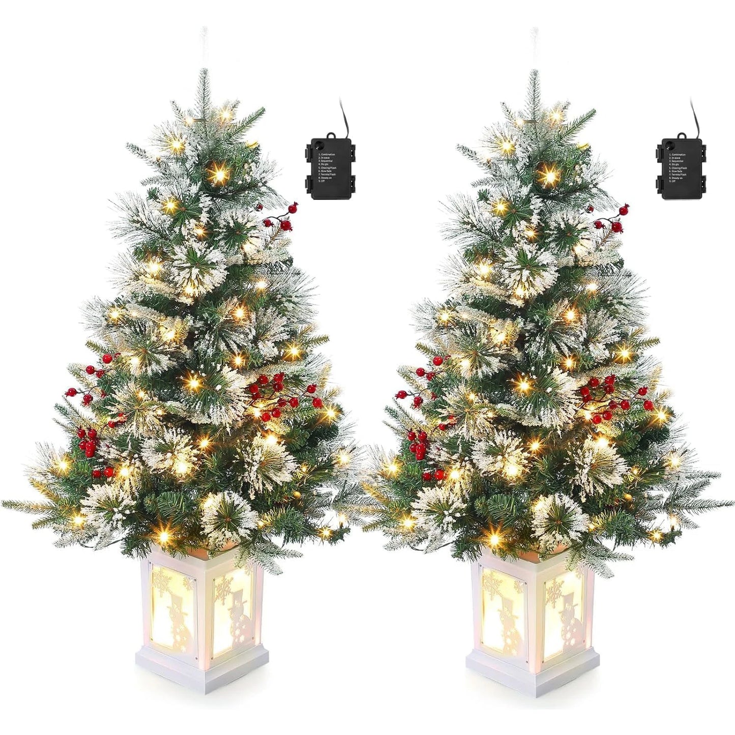 2Pcs Christmas Tree 3 Ft Pre-Lit Artificial Christmas Trees with Potted Base Snow Flocked Small  Tree With 78 Lights 8 Modes