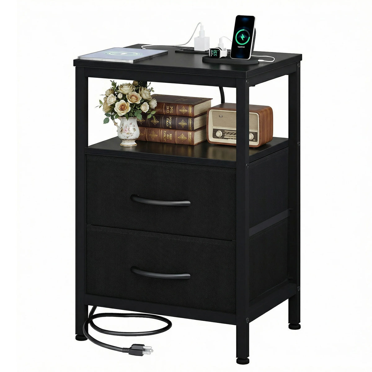 JHK Fabric Nightstand With USB Charging And Open Shelf