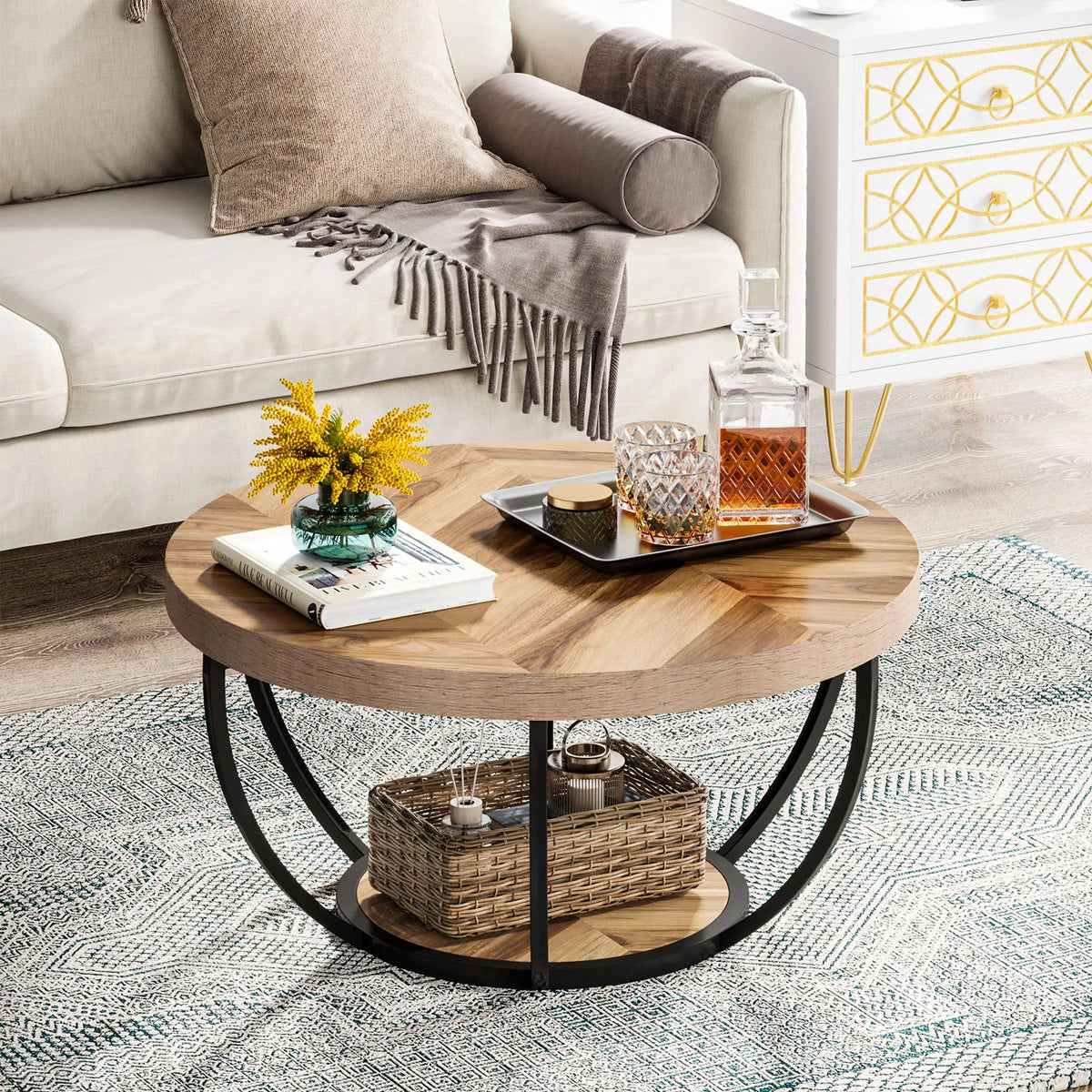 Tribesigns Modern Round Two Tier Coffee Table With Storage Shelves