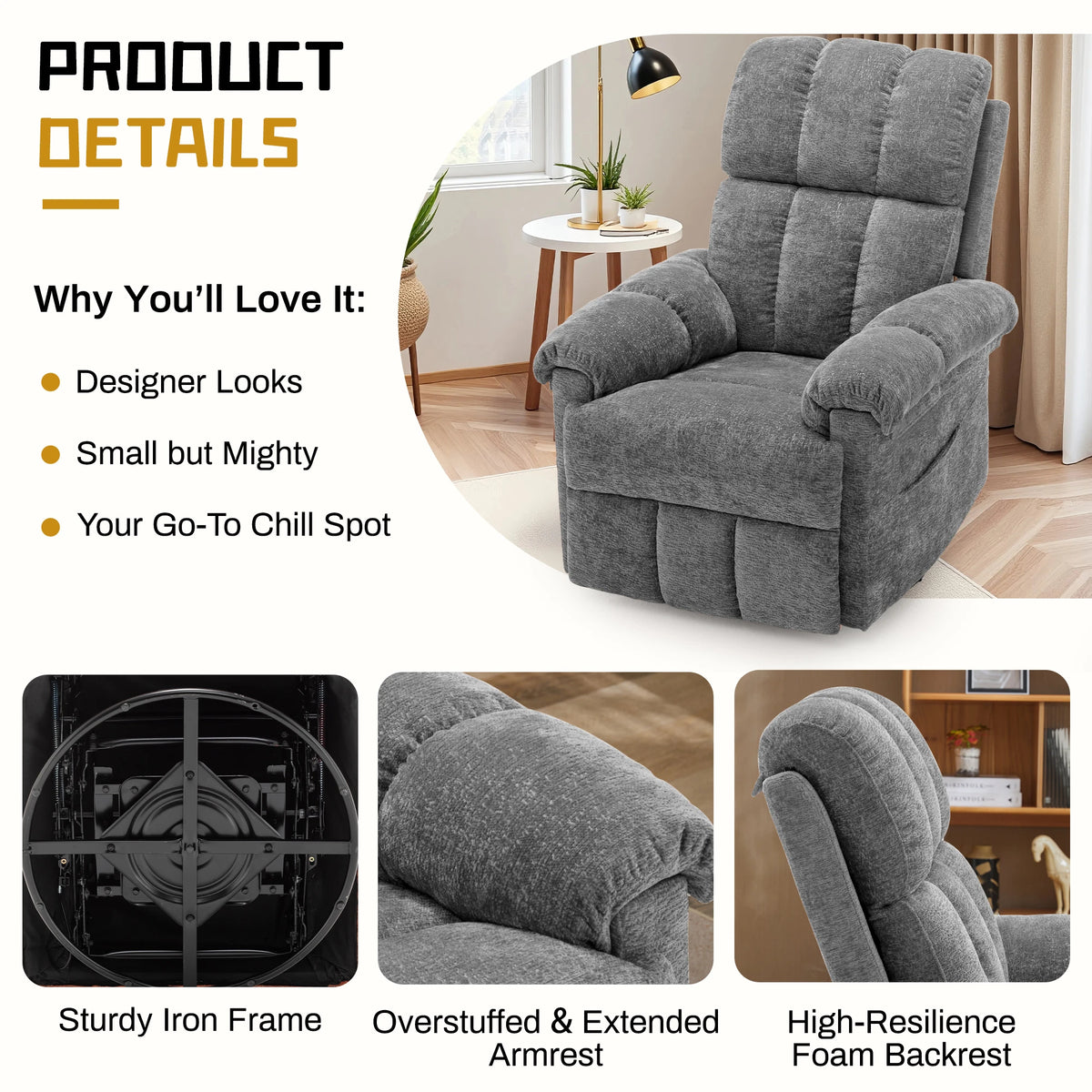 KORSER Chenille Swivel Rocker Recliner Chair With Side Pockets