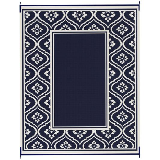 Outdoor Rug, 8' x 10' Plastic Straw, Blue White Gourd Border