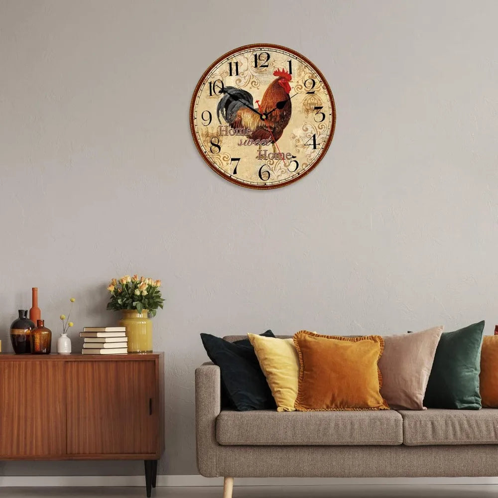 14 Inch Rustic Rooster Wall Clock, Retro Silent Non Ticking, Easy to Read, Battery Operated Decorative Clock for Kitchen Living Room Bedroom Farmhouse