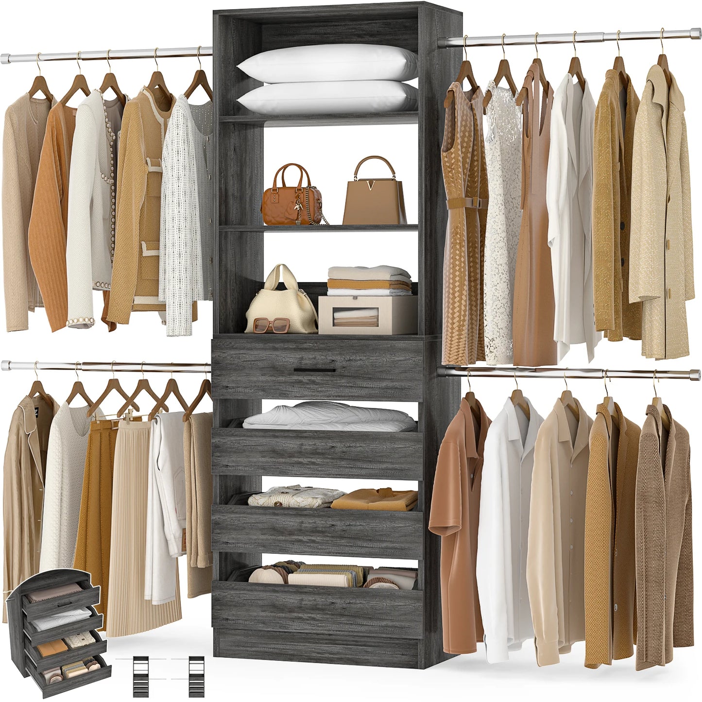 Aheaplus Wooden Closet System With Four Drawers Four Hanging Rods