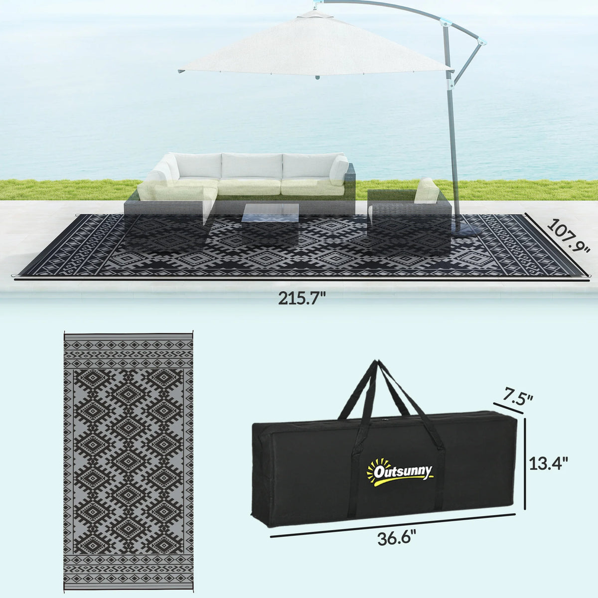 Outdoor Rug, 9' x 18' Floor Mat, Black Gray Rhombus Border