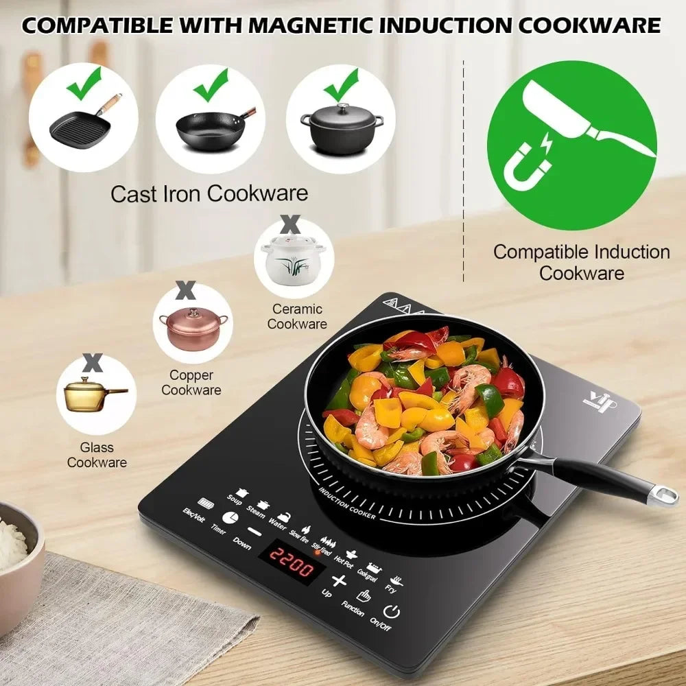 2200W Portable Induction Burner, Electric Induction Countertop Burner W/ Touch Panel, 8 Cooking Preset Programs, for Home, RV