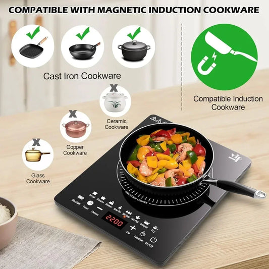 2200W Portable Induction Burner, Electric Induction Countertop Burner W/ Touch Panel, 8 Cooking Preset Programs, for Home, RV