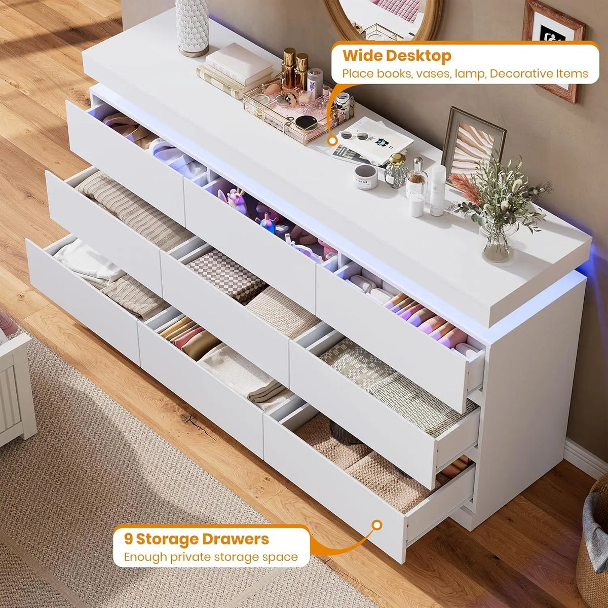 Acekool 9 Drawer Dresser With LED Lights And Charging Station