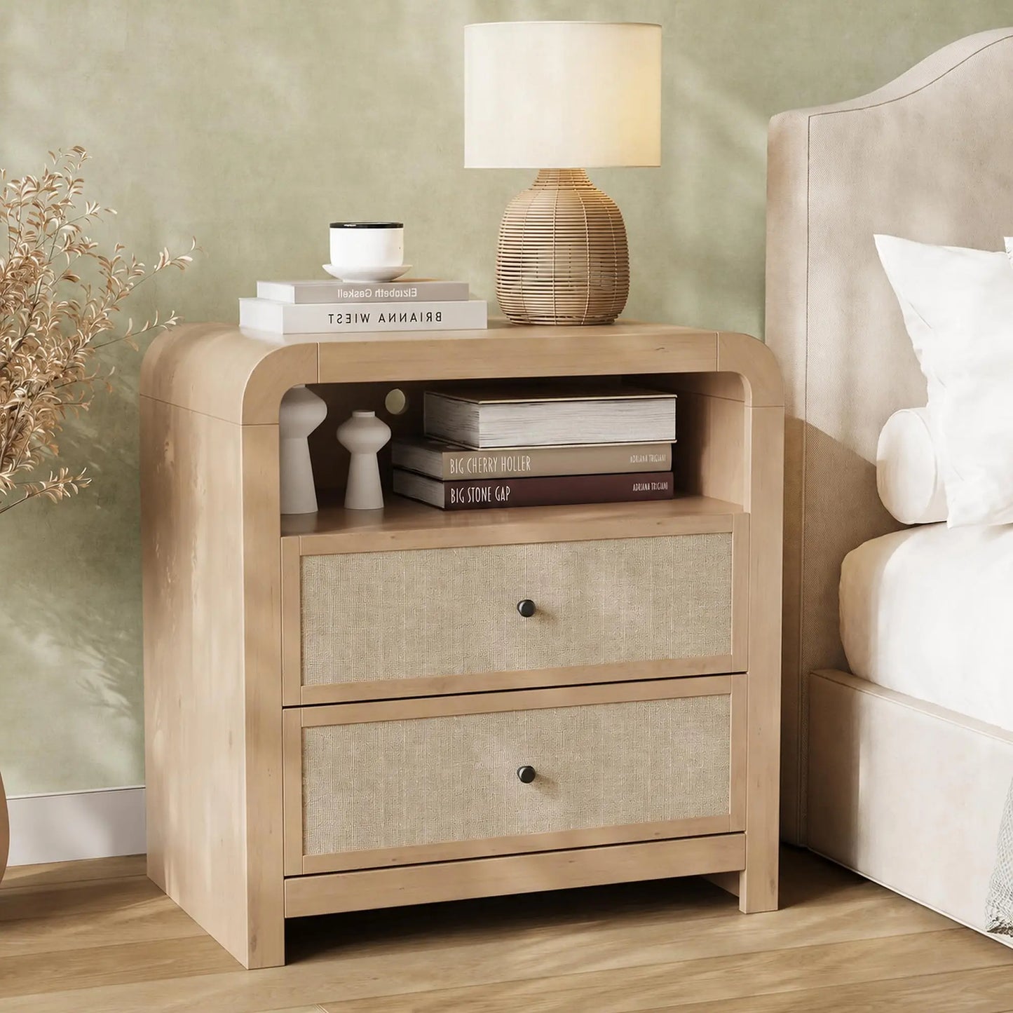 23" Wide Nightstand With Charging Station, 2 AC Outlets 2 USB Ports, 2 Drawer Narrow Bedside Table For Bedroom Living Room Entryway
