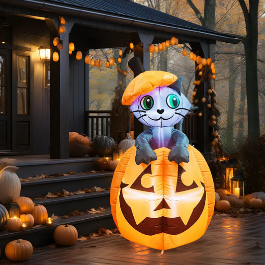 Joyfy Animated Halloween Inflatable Cat On Pumpkin Outdoor Decor
