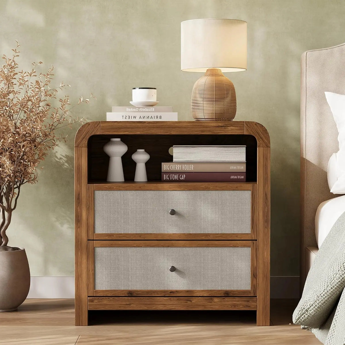 23" Wide Nightstand With Charging Station, 2 AC Outlets 2 USB Ports, 2 Drawer Narrow Bedside Table For Bedroom Living Room Entryway