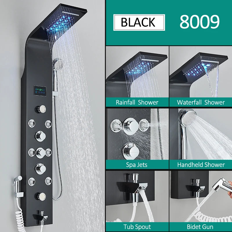 Quyanre Six Function LED Shower Panel With Rainfall Massage Jets