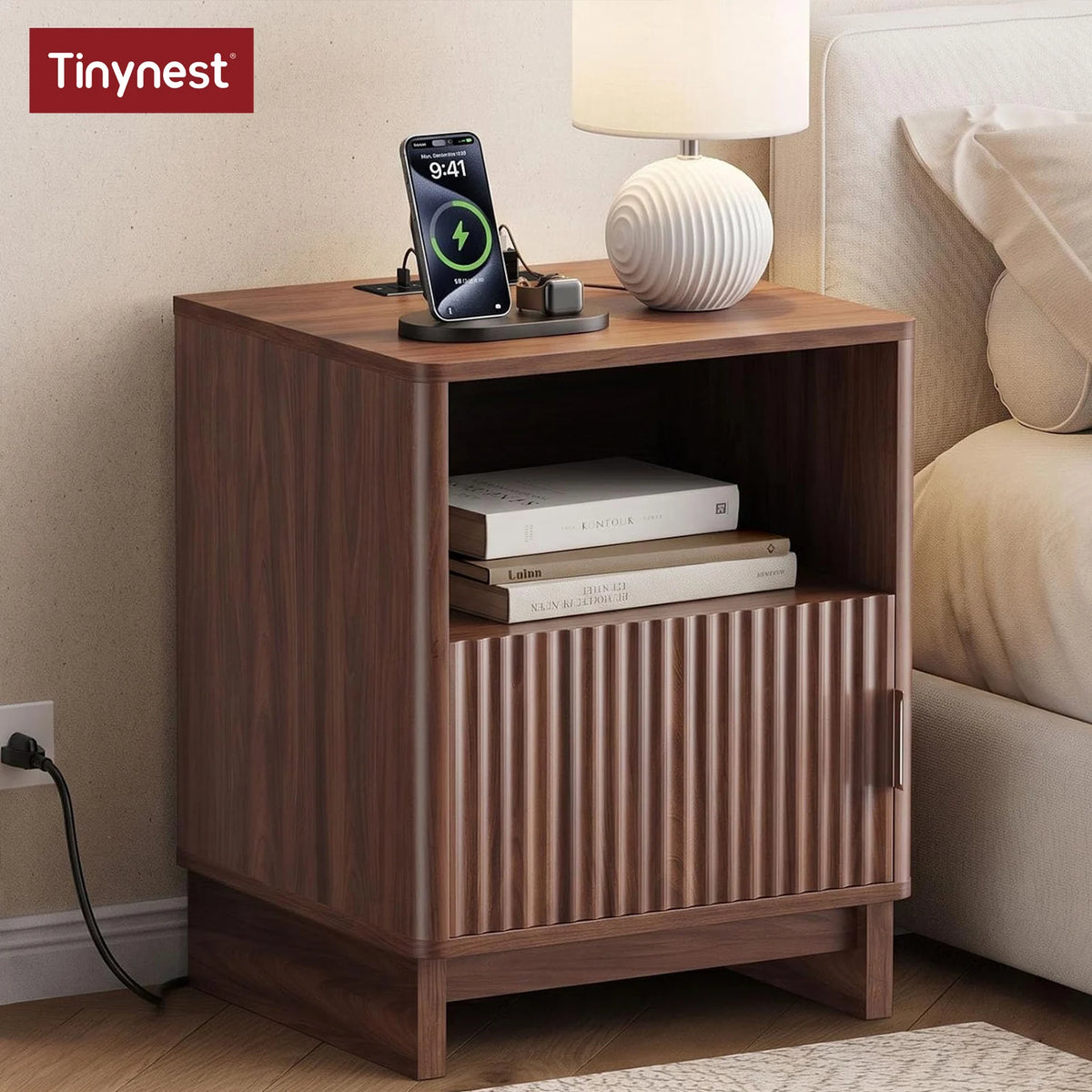 TinyNest Fluted Wood Nightstand With Charging Station And Storage