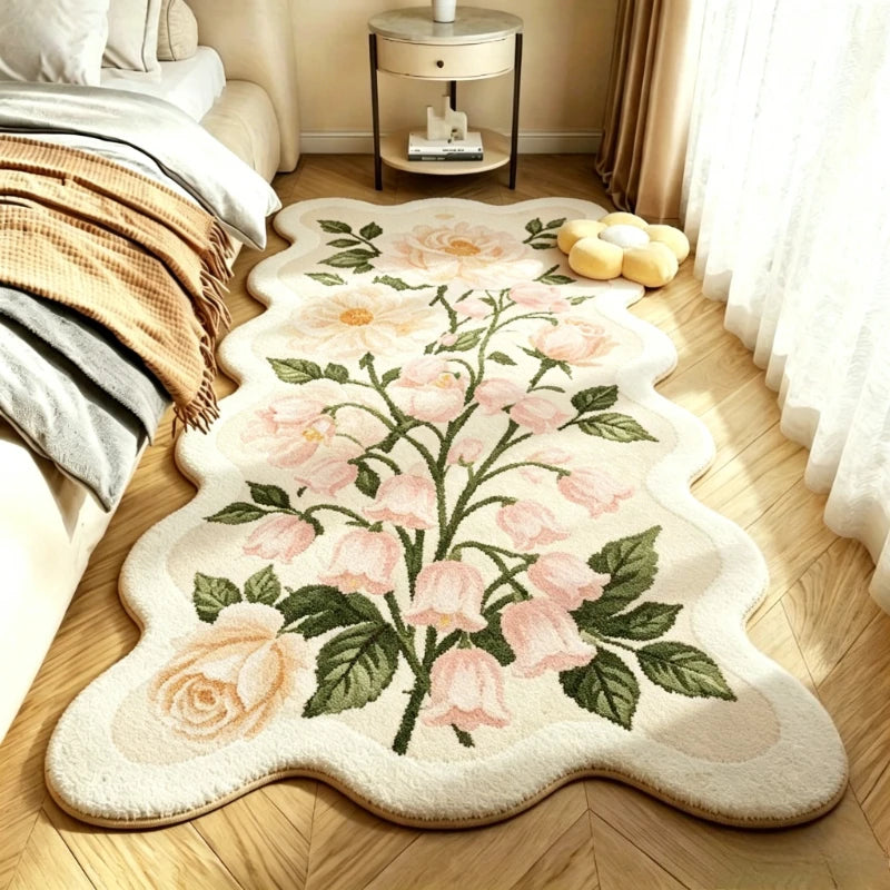 Pastoral Style Carpets for Living Room Pink Flowers Bedroom Decor Carpet Irregular Bedside Plush Rug Fluffy Soft Home Floor Mat