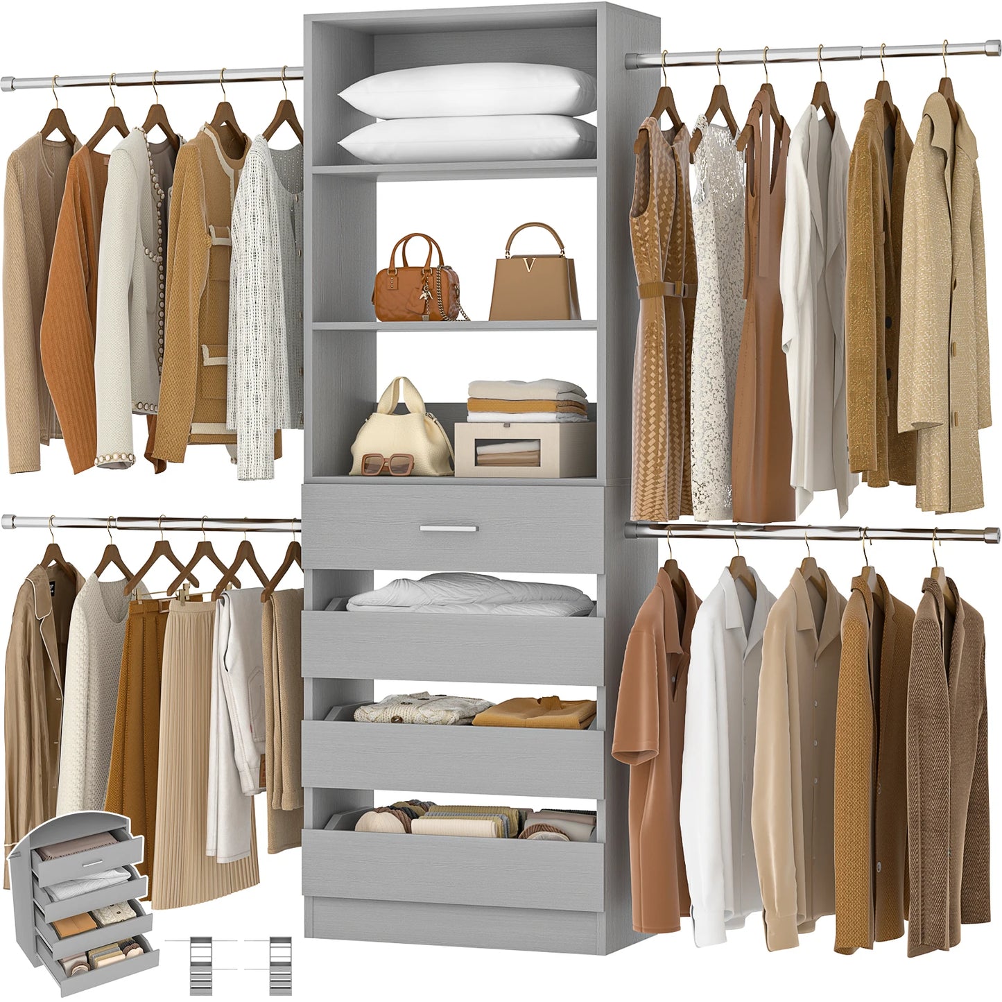 Aheaplus Wooden Closet System With Four Drawers Four Hanging Rods