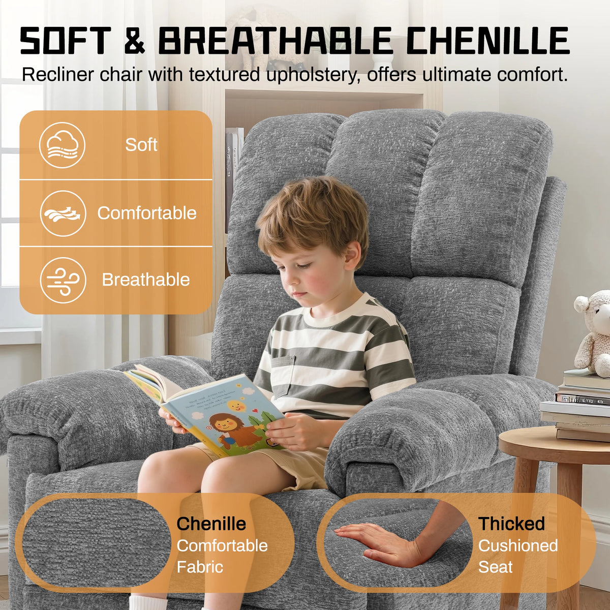 KORSER Chenille Swivel Rocker Recliner Chair With Side Pockets