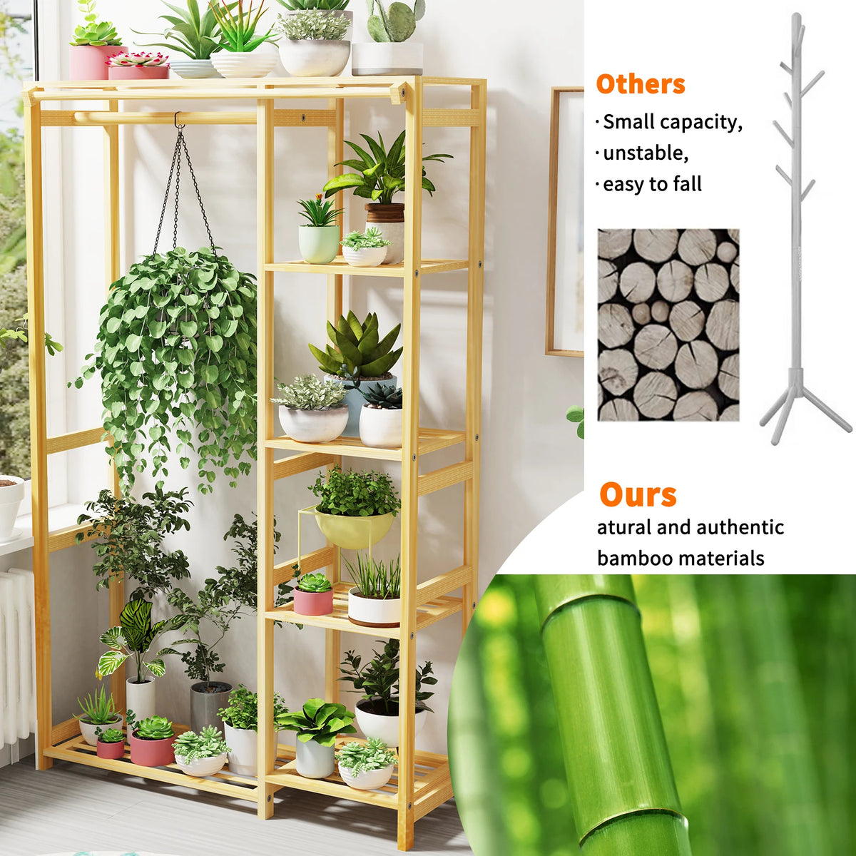 6 Tier Bamboo Garment Rack with Hanging Cover and Storage Shelves
