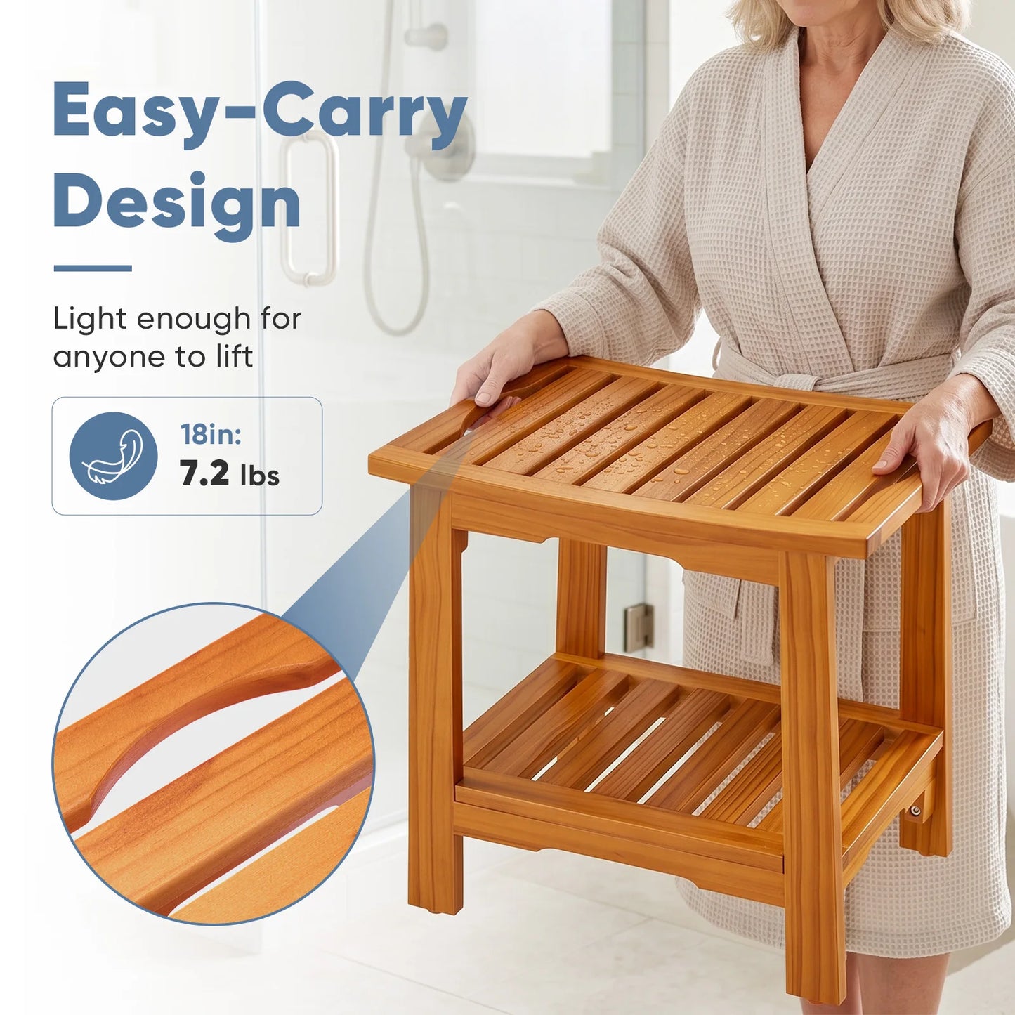 JHK 18IN/14IN Wooden Bathroom Shower Stool Waterproof Shower Bench for Shaving Legs Chair with Storage Shelf Handles 300 LBS Capacity Showering Seat