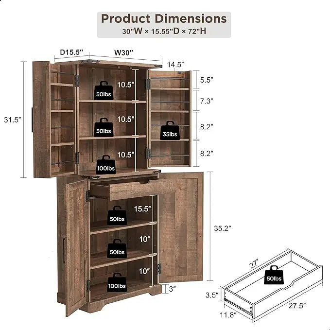 Tall Farmhouse Kitchen Pantry Cabinet, Barn Style Door with Adjustable Shelves, Freestanding Storage Cupboard for Dining Room