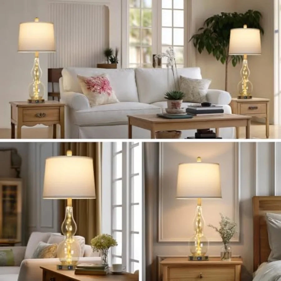 27.5" Glass Table Lamp Set of 2 with Night Light, Bedside Lamps with USB Ports and AC Outlet, Modern Nightstand Lamps Retro Far