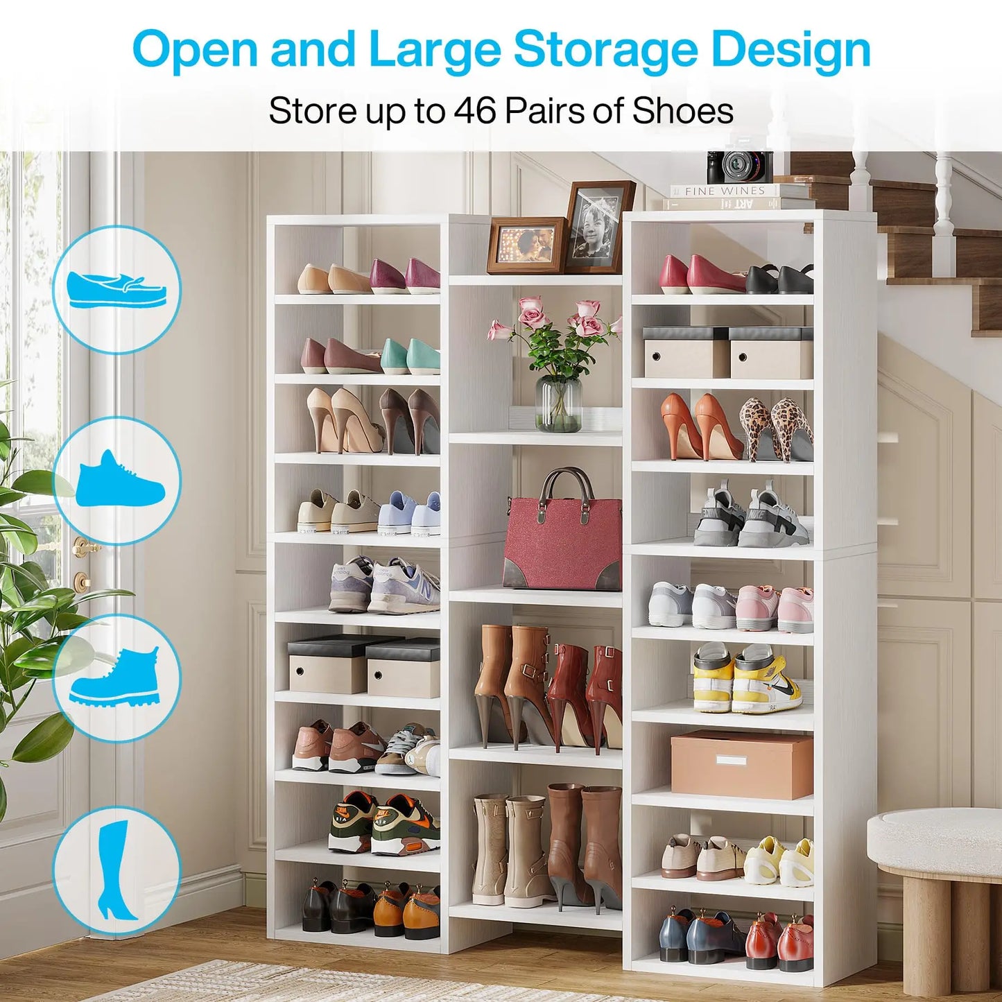 Tribesigns 14-Tier Shoe Rack, Freestanding Tall Shoe Shelf, White Wooden Shoe Storage Cabinet with 22 Open Cubbies, 46 Pairs Wid