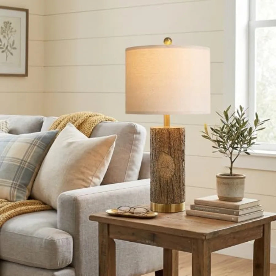 25.5'' Rustic Farmhouse Table Lamps Bark Lamps with Gold Base Bedside Lamps Set of 2 with A+C Charging Ports Retro Nightstand L